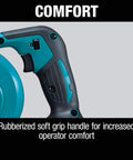 Heavy Hitter 18V Cordless Leaf Blower Featuring Variable Three Speed Control and 219 Mph Air Velocity. Close up of rubberized soft grip handle.