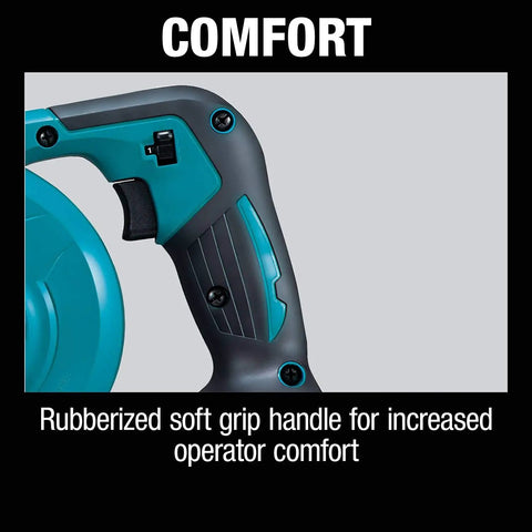 Heavy Hitter 18V Cordless Leaf Blower Featuring Variable Three Speed Control and 219 Mph Air Velocity. Close up of rubberized soft grip handle.