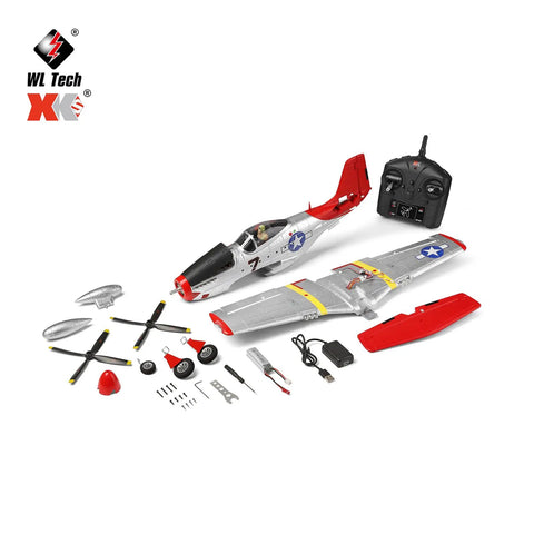 P51 Mustang Style RC Plane With Brushless Motor, 2.4GHz 4 Channel Remote, 6 Axis Gyro, parts and assembly components shown
