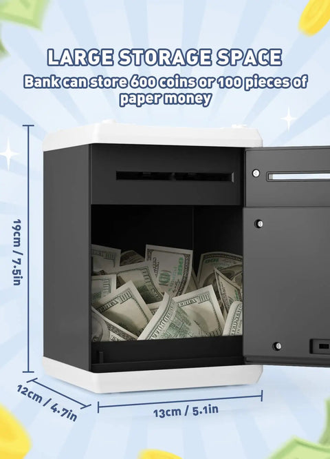 Electronic Piggy Bank For Kids With Password Protection And Automatic Money Scroll Save Box Large Capacity Safe ABS Plastic Fun Bank For Boys And Girls Great Gift showing large storage capacity.