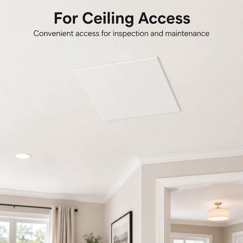 Easy Glide Fit Adjustable Spring Loaded Access Panel For Drywall Ceilings White Wall Hole Cover Plate visible in ceiling, used for access.