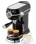 Pro Espresso Maker With Auto Milk Frother 20 Bar Pressure brewing espresso with two cups and a latte art coffee on the side.