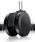 Five black office chair caster wheels with metal stems; 5-pack for hardwood floors
