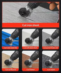 Universal Power Drill Sheet Metal Cutter Attachment Heavy Duty Steel Shear Clip For Copper Aluminum Iron Up To 1.5 Mm showing cutter on various materials.