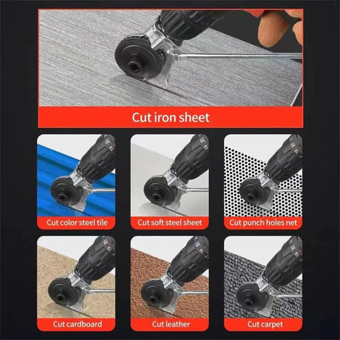 Universal Power Drill Sheet Metal Cutter Attachment Heavy Duty Steel Shear Clip For Copper Aluminum Iron Up To 1.5 Mm showing cutter on various materials.