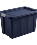 Eight Pack Heavy Duty Storage Bins With Secure Snap Lids Rock Solid Plastic Totes Built Like A Tank For Garage Basement Outdoor Campout Gear And Seasonal Gear 30 Gallon Capacity Dark Indigo Bucket - side view of a dark indigo storage bin with lid.