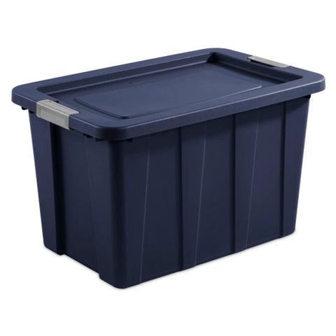 Eight Pack Heavy Duty Storage Bins With Secure Snap Lids Rock Solid Plastic Totes Built Like A Tank For Garage Basement Outdoor Campout Gear And Seasonal Gear 30 Gallon Capacity Dark Indigo Bucket - side view of a dark indigo storage bin with lid.