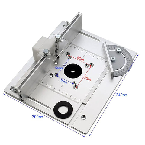 Heavy Duty Aluminum Router Table Insert Plate Featuring Beefy Back Fence And Dead Set Angle Ruler For Straight Shooting Wood Milling And Zero Drama Cutdowns, 240x200mm with precision scales.