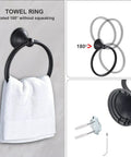 Matte Black Bathroom Accessories Set Kit With 2 24 Inch Towel Bars, 2 Towel Rings, 2 Toilet Paper Holders, And 2 Hooks, towel ring shown rotated 180 degrees with installation hardware.