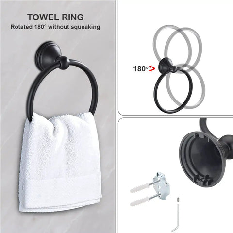 Matte Black Bathroom Accessories Set Kit With 2 24 Inch Towel Bars, 2 Towel Rings, 2 Toilet Paper Holders, And 2 Hooks, towel ring shown rotated 180 degrees with installation hardware.