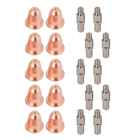 Top Grade Plasma Cutter Tips Set Featuring 10 Electrodes And Nozzles For S25 And S45 Machines, includes copper nozzles and stainless steel electrodes.