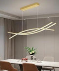 Dining area with modern linear LED pendant light with remote dimming stepless 3000K-6000K tunable white gold finish 47-inch hanging fixture