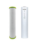 Replacement Cartridge For Whole Home Duo System With Advanced 2 Stage Citrus Filtered Salt Free Water Filter System Includes Water Softener And Carbon Filter For Healthy Pure Water And No More Hard Water In Large Homes With Easy Install. Front view of two white cartridge filters with green ring on top.