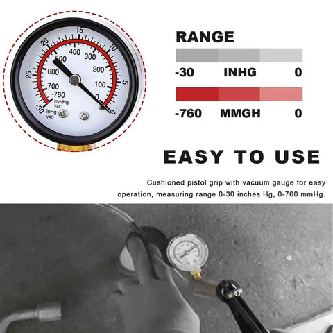 Close-up of precision pressure gauge on Shop Grade Handheld Vacuum Brake Bleeder Kit measuring vacuum range 0-760 mmHg.