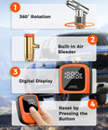 ETENWOLF T600 digital tire pressure gauge 0-250 PSI with orange housing and rubber hose.