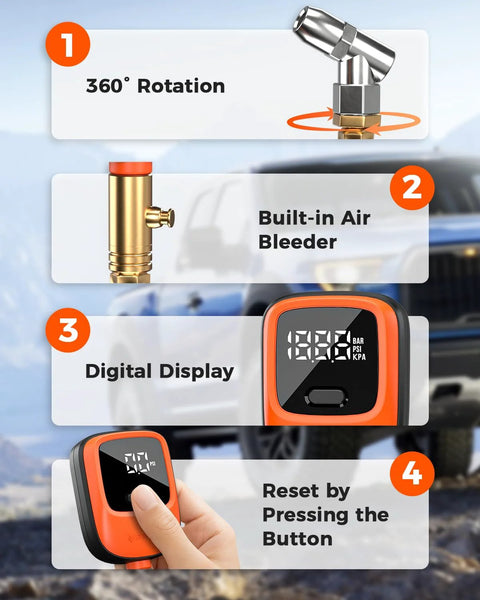 ETENWOLF T600 digital tire pressure gauge 0-250 PSI with orange housing and rubber hose.