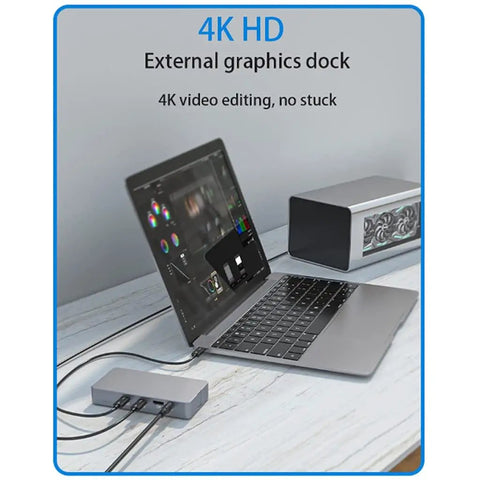 Slick M2 NVMe SSD Enclosure With Dual Bay Docking Station And USBC To USB 3.0 Hookup showing a laptop connected to an external graphics dock.