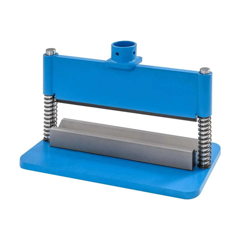Front view of 12 Inch Shop Press Brake Attachment for 12 to 20 Ton Hydraulic Workshop Presses, 90 Degree Bend, blue metal fabrication tool.