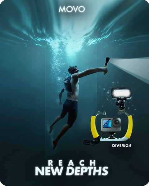 Diver using DiveRig4 Underwater Rig Bundle with Waterproof LED Light for GoPro in deep sea, illuminated setup in action.