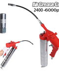 Pistol Grip Grease Gun With 11 Inch Flex Hose One Hand Operation 2400 6000 PSI 14 oz Air Operated shown in red design.