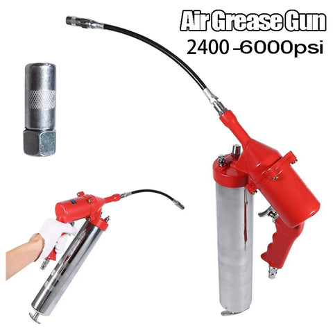 Pistol Grip Grease Gun With 11 Inch Flex Hose One Hand Operation 2400 6000 PSI 14 oz Air Operated shown in red design.