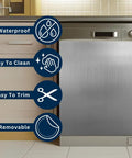 Instant Stainless Steel Magnetic Dishwasher Cover For Front Panel Reusable Decal Appliance Wrap Skin Budget Friendly Easy Install Scratch And Dent Hide 23.5 By 26 Inches on kitchen dishwasher with feature icons.