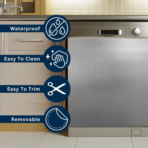 Instant Stainless Steel Magnetic Dishwasher Cover For Front Panel Reusable Decal Appliance Wrap Skin Budget Friendly Easy Install Scratch And Dent Hide 23.5 By 26 Inches on kitchen dishwasher with feature icons.