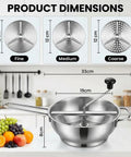 Stainless Steel Food Mill With Three Milling Discs, Hand Crank Rotary Action, Silicone Handle, Ergonomic Design With Dimensions Shown