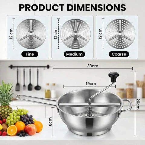 Stainless Steel Food Mill With Three Milling Discs, Hand Crank Rotary Action, Silicone Handle, Ergonomic Design With Dimensions Shown