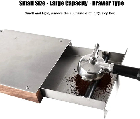 Close-up of Big League Stainless Steel Espresso Knock Box with detachable drawer, showing coffee grounds and portafilter.