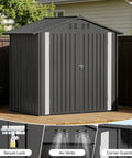 Gray Metal Garden Shed 6x4 Outdoor Storage With Lockable Doors, Adjustable Shelves, And Ventilation in backyard setting.