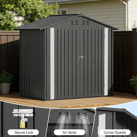 Gray Metal Garden Shed 6x4 Outdoor Storage With Lockable Doors, Adjustable Shelves, And Ventilation in backyard setting.