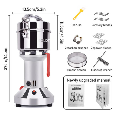 Beast 2000W Grain Grinder Mill With 550g Capacity Stainless Steel High Speed Pulverizer dimensions and accessories