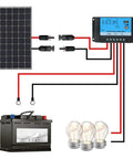 Pro Grade Solar Extension Cable Set 10AWG 12AWG with panel, controller, battery, bulbs, red and black leads, 1500V, connectors.