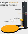 Industrial Strength Automatic Pallet Wrapping Machine Featuring Heavy Duty Turntable for Dead Simple Stretch Film Wrapping and No Sweat Warehouse Logistics Bundling Systems with control panel and orange turntable.