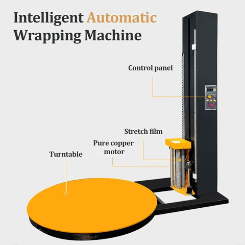Industrial Strength Automatic Pallet Wrapping Machine Featuring Heavy Duty Turntable for Dead Simple Stretch Film Wrapping and No Sweat Warehouse Logistics Bundling Systems with control panel and orange turntable.