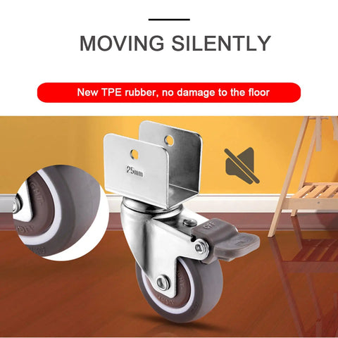 No Hassle 2 Inch TPE Rubber Caster Wheels With Quiet Swivel Casters And Secure Safety Brakes Rock Solid U Bracket Fit For Baby Beds Handles Big Loads Easy 4 Pack Smooth close-up of caster wheel on wooden floor.