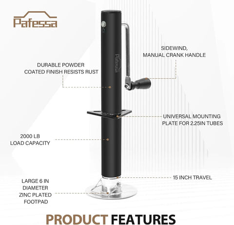 Pafessa USA RV side-crank tongue jack for A-frame trailers, 2000 lb capacity, 15 in travel, black powder-coated finish