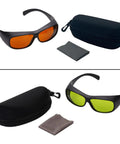 Professional Grade Kickass Laser Safety Glasses With Hella Od5 Plus Eye Defense Across One Hundred Ninety To Eleven Hundred Nanometer Wavelength Range For Spa Studios And Beauty Clinics In Classic Orange Lens with black case and cleaning cloth.