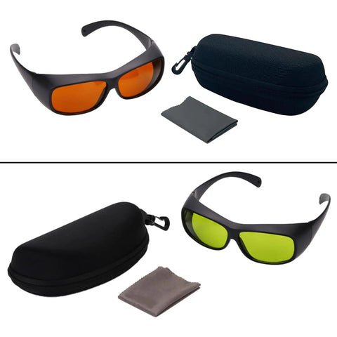 Professional Grade Kickass Laser Safety Glasses With Hella Od5 Plus Eye Defense Across One Hundred Ninety To Eleven Hundred Nanometer Wavelength Range For Spa Studios And Beauty Clinics In Classic Orange Lens with black case and cleaning cloth.