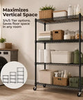 Heavy Duty Four Tier Industrial Metal Storage Rack That Rolls Smooth With Lockable Casters And No Tool Quick Assembly For Garage Or Workshop Built Tough Max Load Capacity, filled with baskets and containers.