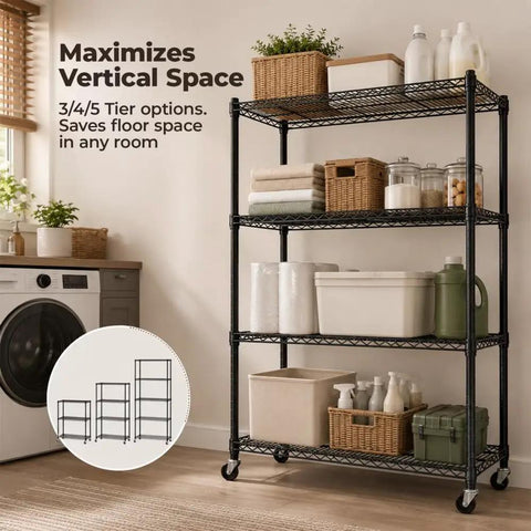 Heavy Duty Four Tier Industrial Metal Storage Rack That Rolls Smooth With Lockable Casters And No Tool Quick Assembly For Garage Or Workshop Built Tough Max Load Capacity, filled with baskets and containers.