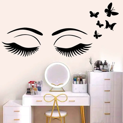 Every Day Is A New Beginning Inspirational Wall Art Sticker Set with closed eyes and butterfly decals above a vanity desk