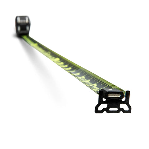 Shockforce G2 16 Foot Magnetic Tape Measure With Nite Eye Night Vision extended showing magnetic end hook and markings.