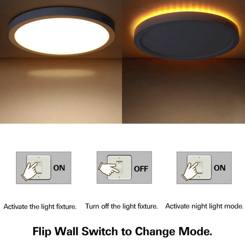Hella Bright 13 Inch LED Flush Mount Ceiling Light With Night Light showing on and off states with wall switch instructions.