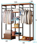 Top Notch Heavy Duty Free Standing Closet Rack With Extra Long Hanging Rods And Rock Solid Steel Frame For Roomy Apparel Stash And Zero Sweat Fast Assembly, dimensions 120x30x140 cm with layered shelving.