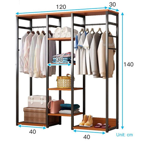 Top Notch Heavy Duty Free Standing Closet Rack With Extra Long Hanging Rods And Rock Solid Steel Frame For Roomy Apparel Stash And Zero Sweat Fast Assembly, dimensions 120x30x140 cm with layered shelving.