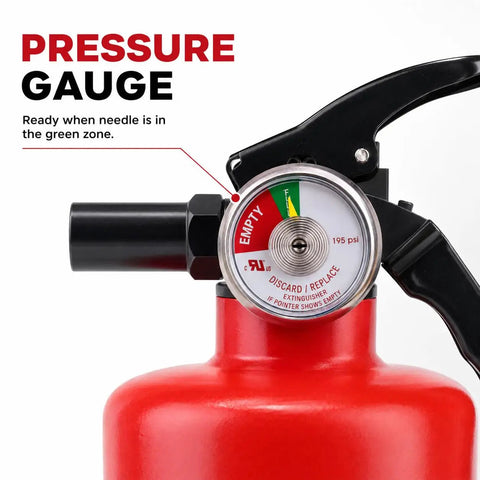Close-up of Tough As Nails Dry Chemical Fire Extinguisher gauge showing pressure, 2.5 Lb Capacity With Class 1A 10B C Rating.
