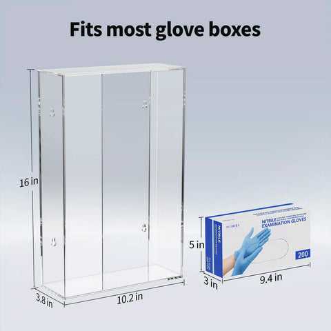 Clear Acrylic Glove Dispenser Wall Mount For Triple Glove Boxes showing dimensions 16.1 x 10.2 x 3.8 inches for kitchen lab or clinic