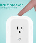 Close-up of Heavy Hitter Six Outlet Wall Tap Extender circuit breaker, finger pressing reset button for overload protection.